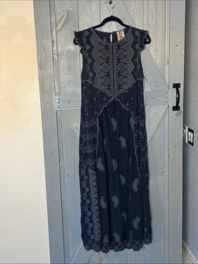 Johnny Was Black Maxi Dress with Gray Embroidery Size XS